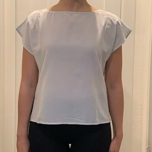 Square cut, boat neck, silvery white silk shirt